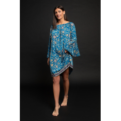 Short Dress Tiki FreeLove Ibiza Turquoise Magnolia 100% Silk